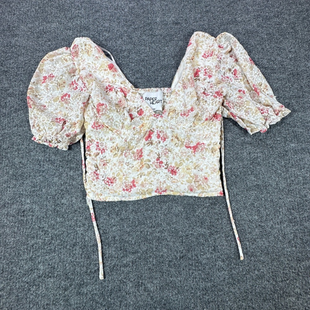Paper Heart Crop Top Womens 10 Floral Puff Sleeve Smocked Square Neck Boho‎